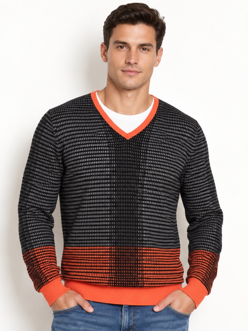 Armani Exchange Men’s V-Neck Grid Knit Sweater Black Grey Orange Size M